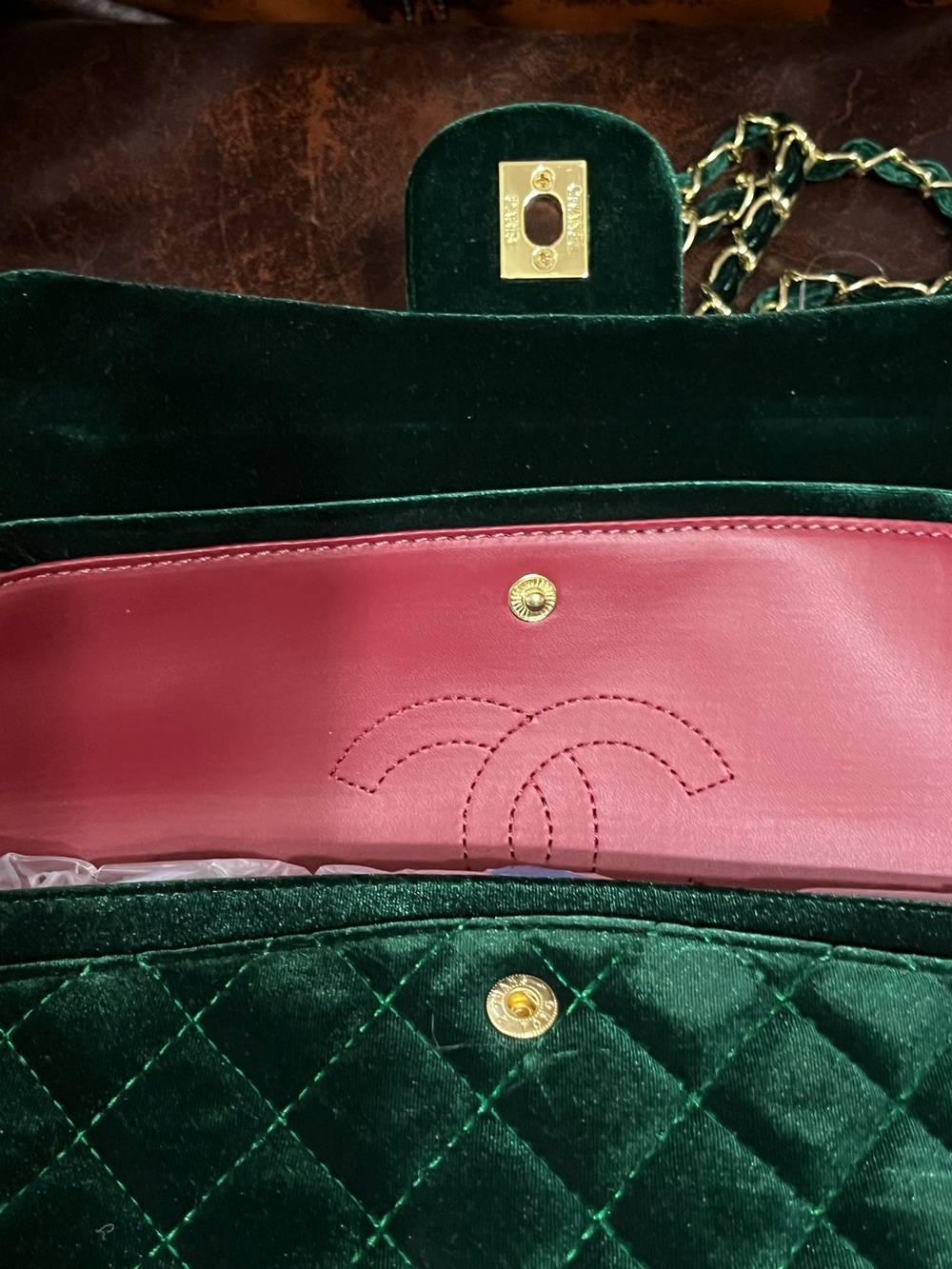Double C Emerald Green Gold Tone Hardware Quilted Velvet Classic Flap Bag Purse - Picture 8 of 9